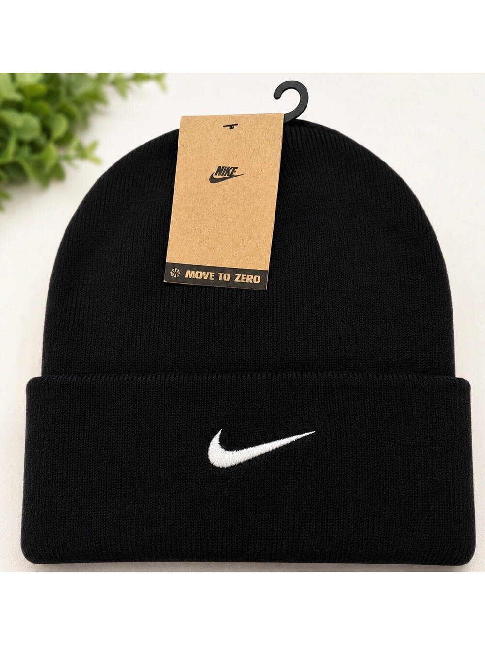 Nike Move To Zero Black Knit Beanie Hat with White Swoosh Logo